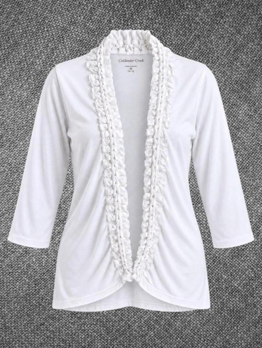 Coldwater Creek White Ruffle Open Front Cardigan M